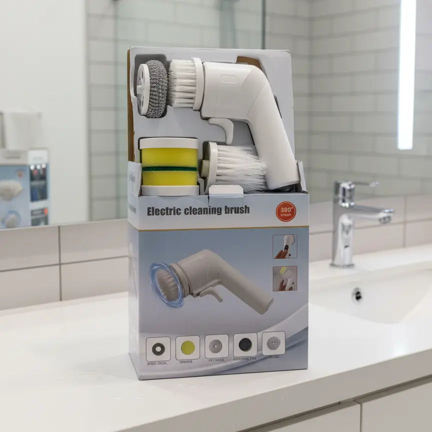 Electric Cleaning Brush With Multiple Attachments For Efficient Home Cleaning – 360° Rotating Scrubber With Sponge, Brush, And Steel Wool Heads